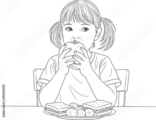 Little girl with pigtails eating a fresh apple for lunch with sandwiches and eggs on a plate coloring book page