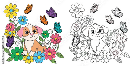 Cute puppy dog with butterflies and flowers. Color and black and white outline vector illustration for kids coloring book page.