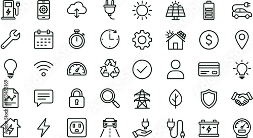 Smart energy workflow outline icon set with renewable power management infrastructure symbols for apps dashboards interfaces presentations utility platforms
