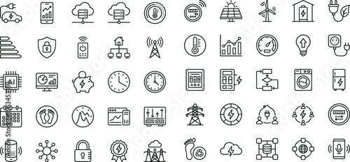Smart energy management outline icon set with renewable power monitoring analytics infrastructure symbols for apps dashboards interfaces presentations utility platforms