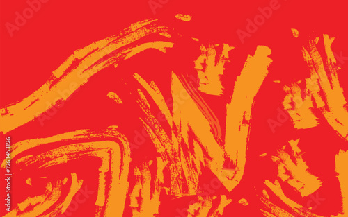 Abstract expressionist brushstrokes on vibrant red background with dynamic yellow accents