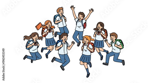 School's Out: Excited students celebrate their freedom, leaping with joy after a successful term