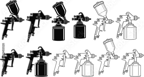 Paint spray gun vector illustration set with silhouette and outline icons isolated on white background for automotive, industrial, and DIY.