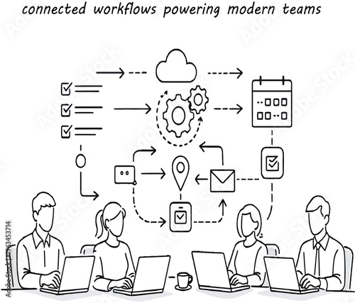 A minimal line art illustration of four professionals managing a shared digital workflow, connected through task systems, cloud tools, and communication elements, representing seamless teamwork and pr