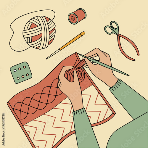 A person crocheting a red and white blanket