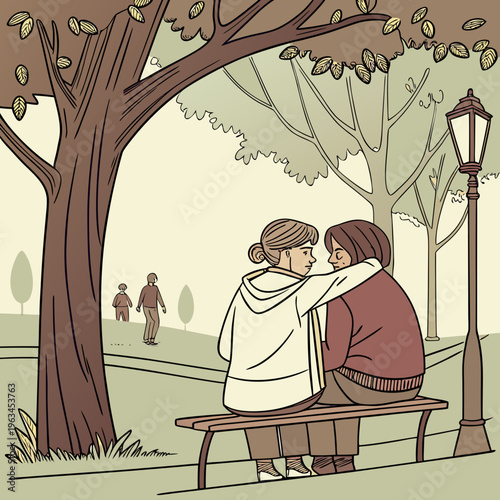 Two people sitting on a bench under a tree