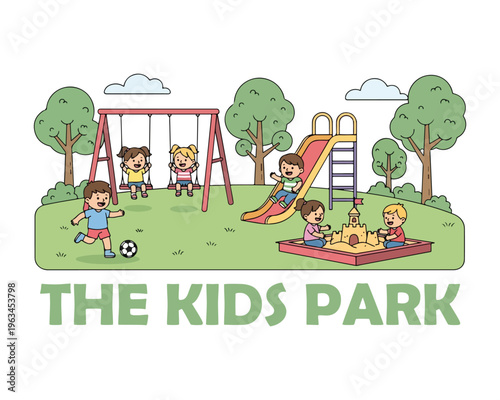 Kids playing in park playground with swing slide and sandbox cartoon vector illustration