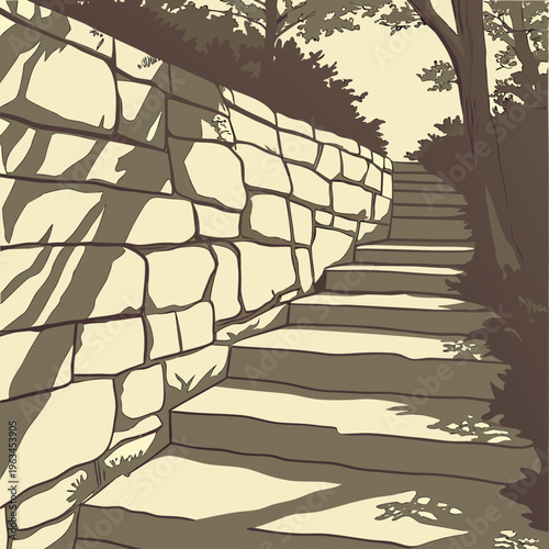 A stone staircase with a stone wall and trees