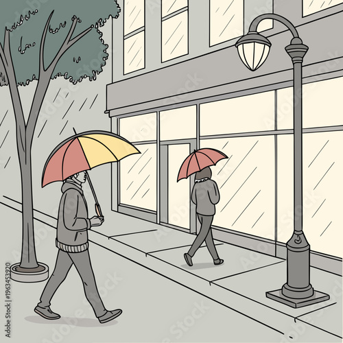 Two people walking in the rain with umbrellas