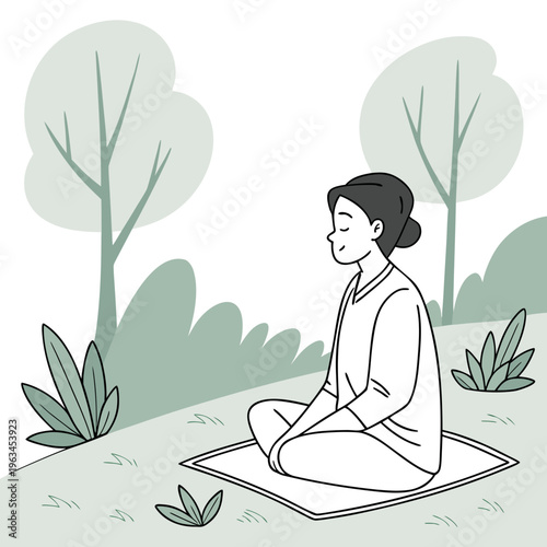 A woman sitting in a yoga pose on a mat outdoors