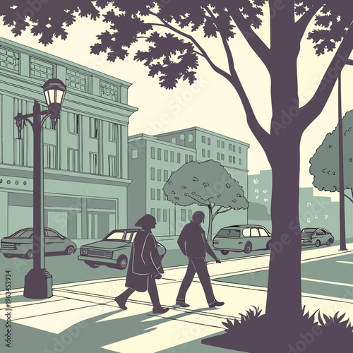 A man and woman walking on a sidewalk