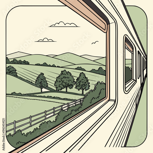 View from a train window showing green hills and trees