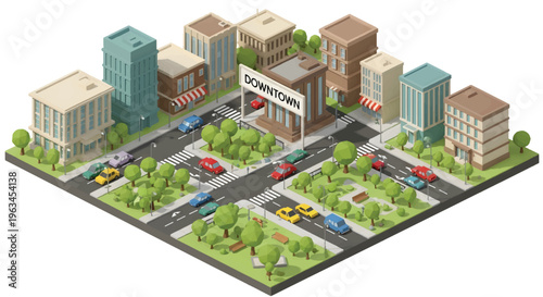Isometric city downtown vector illustration, urban landscape with buildings and cars, miniature metropolitan street map with park and trees