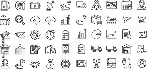 Logistics management outline icon set with delivery tracking warehouse analytics communication symbols for apps dashboards interfaces presentations business platforms