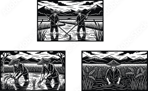 Traditional Asian rice farmers working in paddy fields with mountains, woodcut style illustration of rural agriculture, manual planting and harvesting scenes.