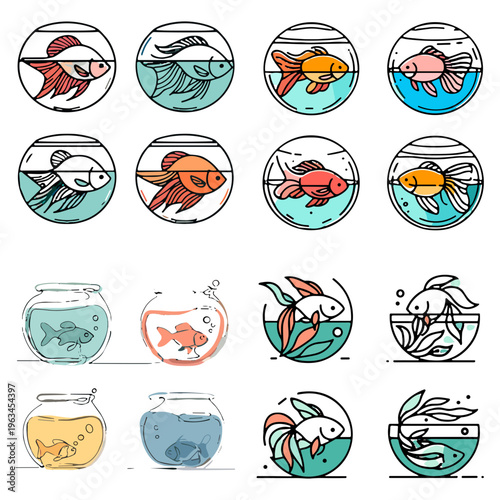 Fish in bowl illustrations featuring various goldfish and colors  