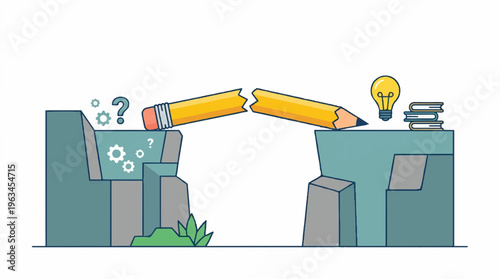 A creative vector illustration of a giant pencil bridging two cliffs with a lightbulb and books on one side and question marks on the other