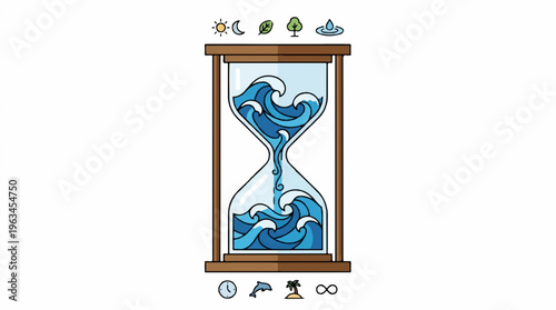 A vector graphic illustration of an hourglass with ocean waves flowing through it, symbolizing the passage of time.