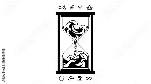 A minimalist vector illustration of an hourglass with sand and symbols on a white background
