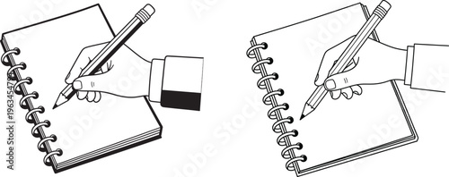 Spiral bound notebooks with pens in use