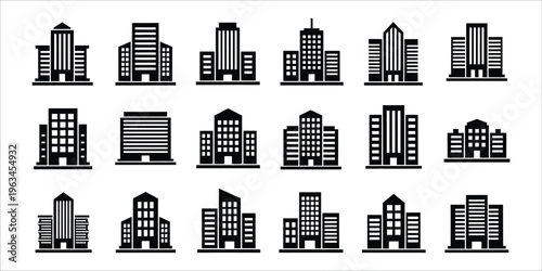 Collection of 16 diverse city skyscraper silhouettes