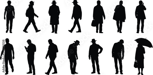 Set of black people silhouettes, walking standing and urban men figures collection, male characters in casual clothes and hats, vector illustration isolated on white
