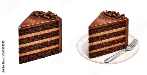 Watercolor chocolate layer cake slice illustration, rich frosted dessert with cream filling isolated on white background.