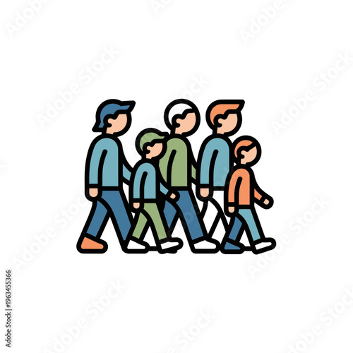 Group of diverse people walking together in a row vector illustration featuring stylized characters in casual clothing isolated on white background for modern design use