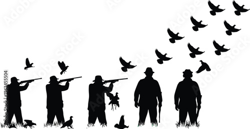 silhouette of man aiming shotgun in grassy field
