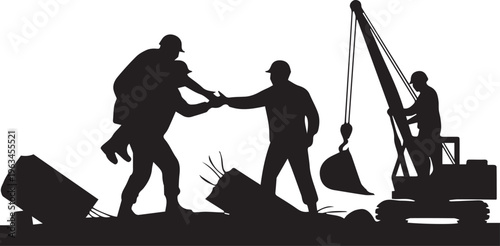 Silhouette of three construction workers shaking hands near an excavator on a building site isolated on transparent background