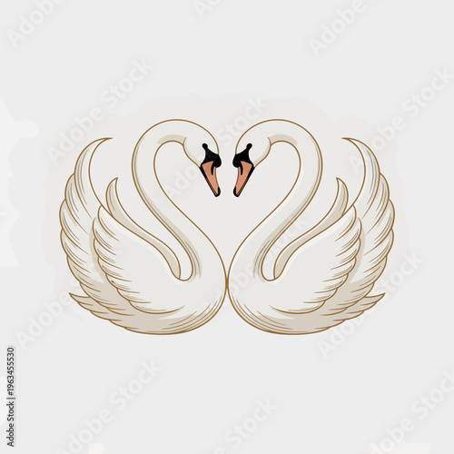 Elegant pair of white swans forming a heart shape illustration featuring graceful curved necks and detailed feathers on a clean minimalist light grey background design