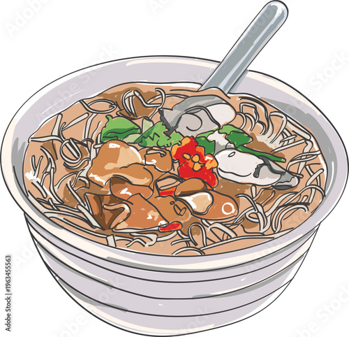 Hand drawn illustration of Taiwanese oyster vermicelli bowl, traditional noodle soup with braised intestine and chili oil