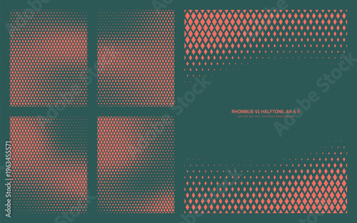 Vector rhombus halftone pattern set in vertical 4:5 format with diamond grid structure, gradient density and fluid compositions. Futuristic geometric textures for UI, apps, backgrounds and mod design
