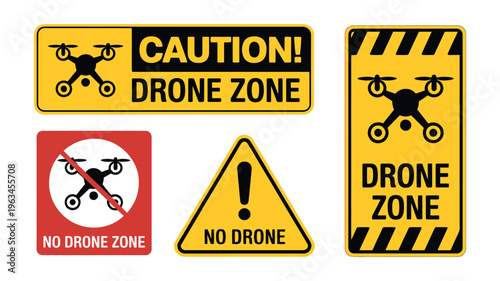 Visual warnings for designated drone restriction zones in various formats Vector, illustration
