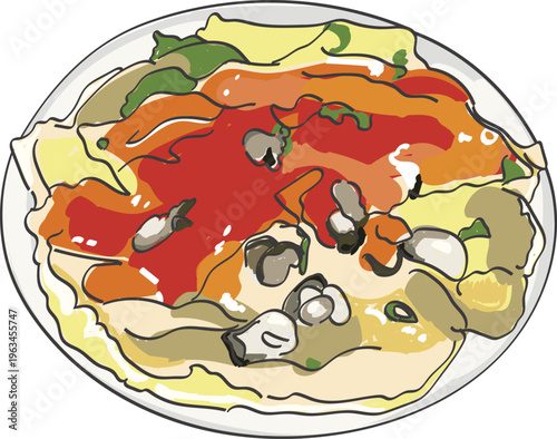 Hand drawn illustration of Taiwanese oyster omelet on plate, traditional street food snack with savory sweet and spicy sauce