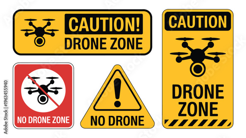Visual warnings for designated drone restriction zones in various formats Vector, illustration
