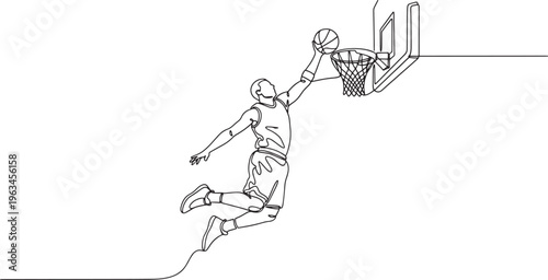 Basketball player jumping high for a slam dunk at the hoop in continuous line style hand-drawn vector illustration