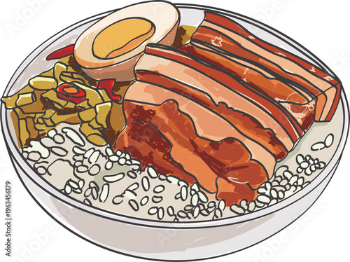 Hand drawn illustration of Taiwanese braised pork belly rice bowl with stewed egg and pickled mustard greens