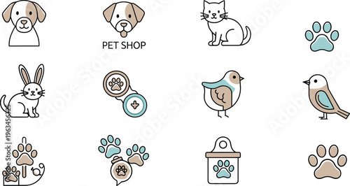 Pet shop icon collection with dog cat bird rabbit paw prints and veterinary symbols cute animal vector set