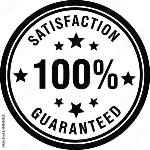 Black and white satisfaction guaranteed badge emblem, 100 percent quality assurance label design, marketing certification symbol illustration artwork, flat vector