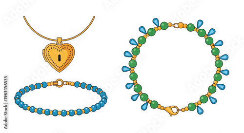 Colorful beaded necklaces and bracelets with heart shaped pendant