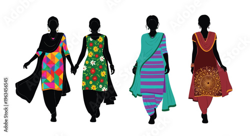Four women walking in silhouette each wearing traditional indian clothing