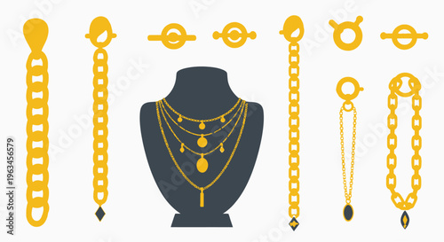 Golden jewelry display featuring necklaces chains and various clasps