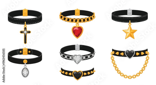 Assortment of fashionable choker necklaces with diverse pendants and designs