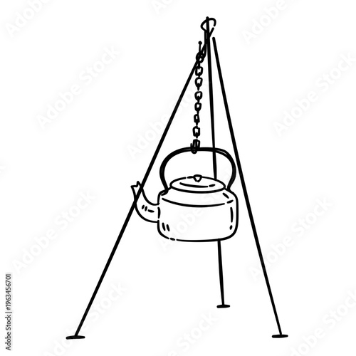 kettle hanging on tri bars in camp area