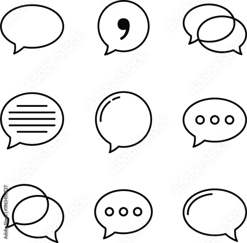 Black and white speech bubble icons collection, dialogue conversation symbols, messaging communication design elements, minimal illustration artwork set, flat vector