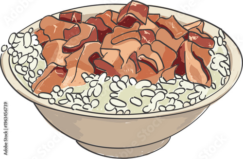 Hand drawn illustration of Taiwanese minced pork rice bowl, traditional braised meat sauce over steamed rice