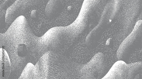 Abstract grayscale stippled landscape with undulating hills and valleys texture pattern