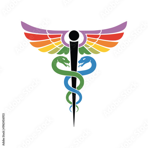 Colorful caduceus medical symbol with snakes