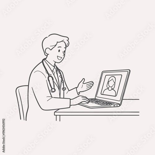 Man working on laptop line art vector remote work concept illustration. Ideal for business presentations online work branding and digital workspace designs.